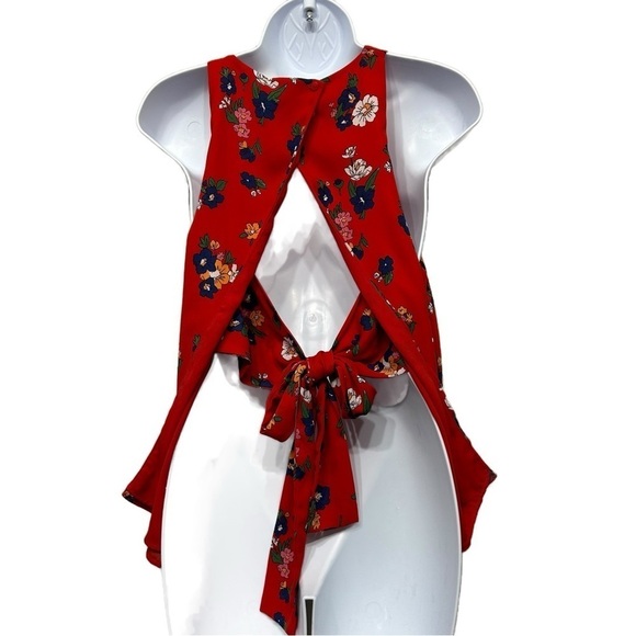 Zara Red Floral Sleeveless Open Back Tie Back/Front Top Blouse Size L - Picture 5 of 5